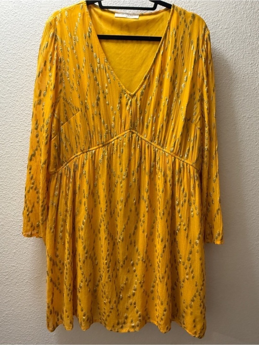 A Beautiful Soul Dress Women XL Yellow Gold Lurex Boho V-Neck Mini Tunic Chiffon